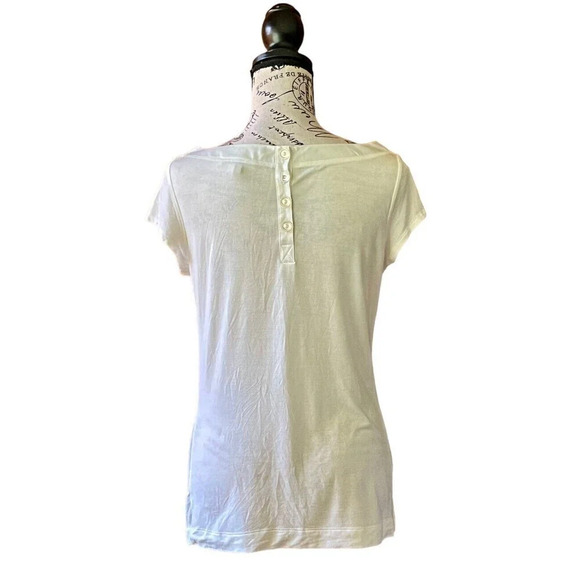 BCBGeneration Ivory White Boatneck Rayon Satin Trim Top Button Back Semi Sheer L - Picture 4 of 10